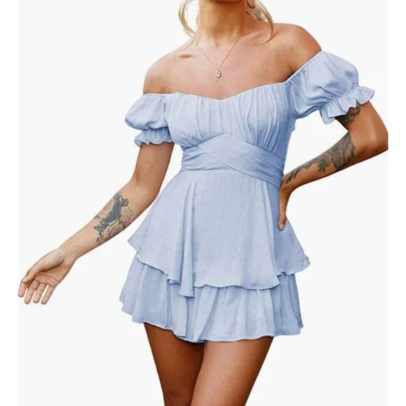 Sky Blue Ruffle Short Sleeve Off Shoulder Layered Romper Short Jumpsuit Playsuit - Picture 7 of 7